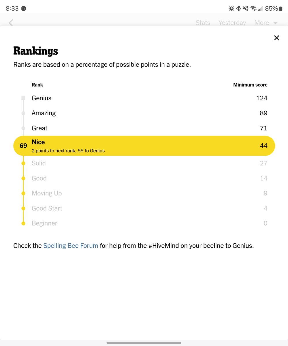 kplus87's tweet image. It has always bugged me that the tier system for #SpellingBee on @NYTGames is:

1. Genius
2. Amazing
3. Great
4. Nice
5. Solid
6. Good
7. Moving Up

Why is "Nice" tier 4? Surely it should be 5 or 6, right? WRONG. I get it now. Well played @nytimes.

#69points #Nice