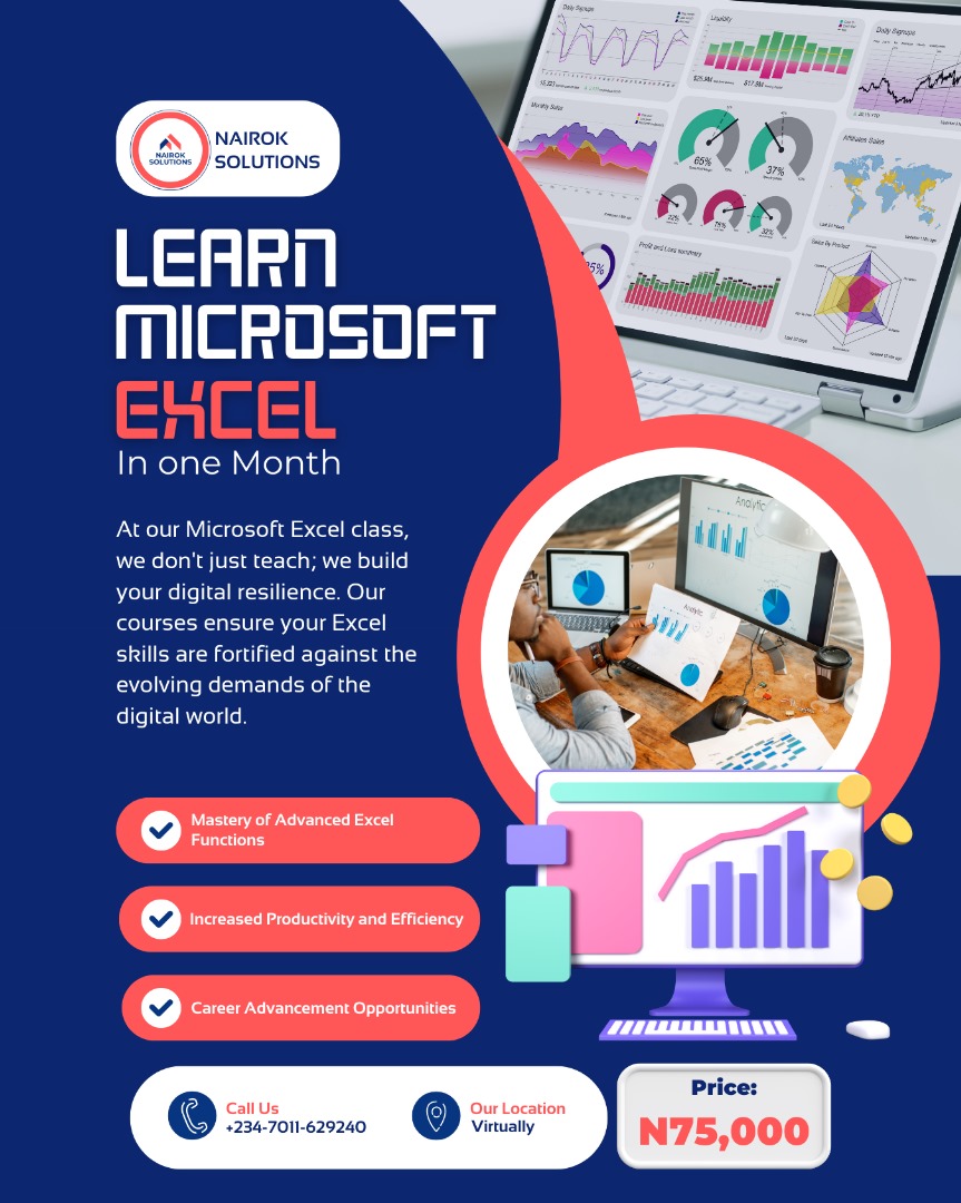 NairokSolutions's tweet photo. Unlock the power of Microsoft Excel with Nairok Solutions and take your skill to the next level.
Register for a 1-month extensive training on Microsoft Excel.  
You can send us a DM to get started.

See more details on the flier.
#Tech
#MicrosoftExcel https://t.co/eNZVR2e4oe
