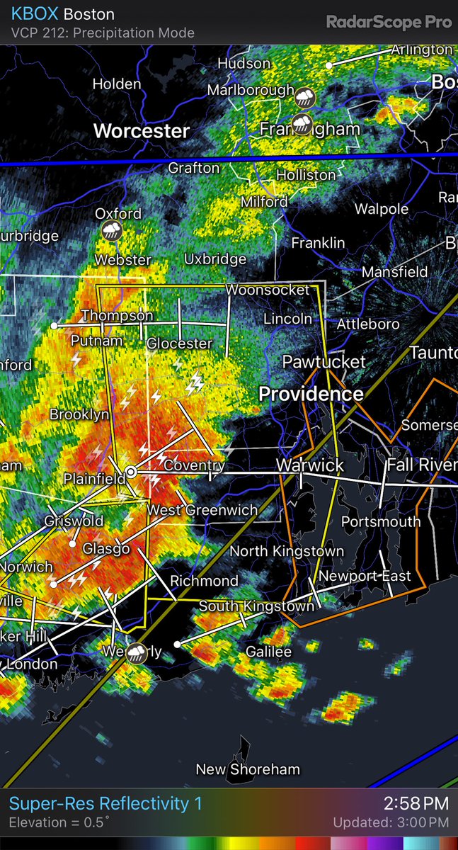 Strong and severe thunderstorms are moving east through Rhode Island, take shelter this afternoon!