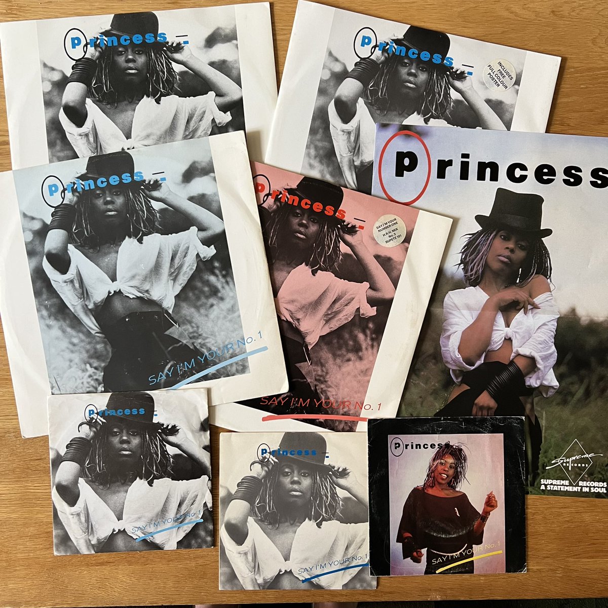 RetroPopBoy's tweet image. #StockAitkenWaterman single No 16 was “Say I’m Your No 1”, by Princess. It was released in July 85 and reached No 7 in the UK (2 in Germany). Here are the 3 UK 12” remix releases + poster edition and the UK, Spanish and Portuguese 7” singles. #PWLCollection #PWL40 #PWL