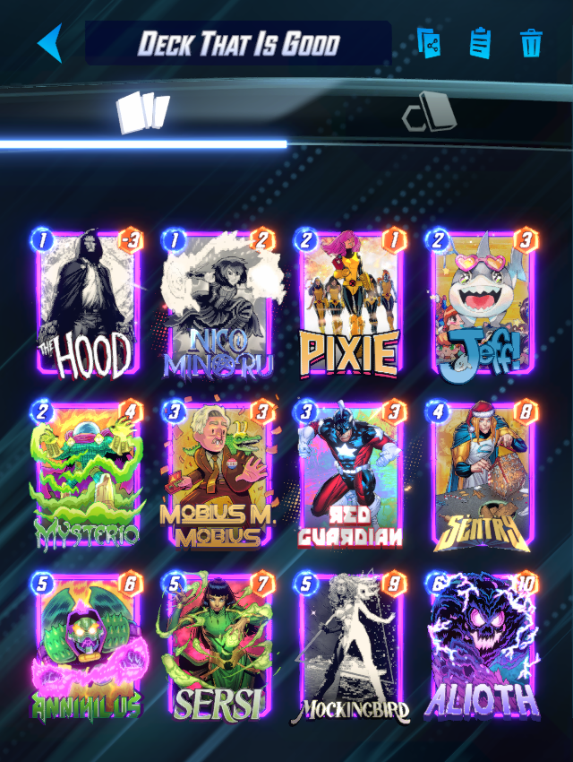 KMBestMS's tweet photo. It's Sunday, you know what that means! 

KMBest @MARVELSNAP Top Decks Day!

The meta is defined by Mockingbird, Mobius and Killmonger!

All three of these builds share Mockingbird, Surfer and Pixie share Mobius!

These three are the decks I'd expect to see the most of right now! https://t.co/t5OPmaDihp
