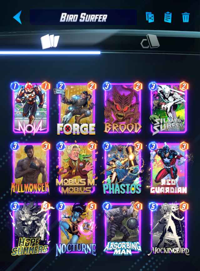 KMBestMS's tweet photo. It's Sunday, you know what that means! 

KMBest @MARVELSNAP Top Decks Day!

The meta is defined by Mockingbird, Mobius and Killmonger!

All three of these builds share Mockingbird, Surfer and Pixie share Mobius!

These three are the decks I'd expect to see the most of right now! https://t.co/t5OPmaDihp