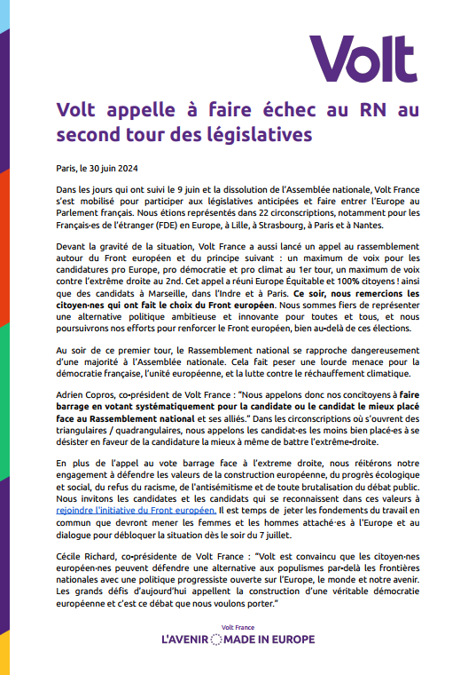 volt_france's tweet photo. Les résultats de 1er tour de ces #ElectionsLegislatives2024 exigent de chacune et chacun une attitude responsable.
Nous appelons à faire échec au #RN au 2nd tour et au désistement républicain, conformément à la charte du #FrontEuropéen que nous avons initié.
Notre communiqué 👇 https://t.co/8BVmehL0Vd