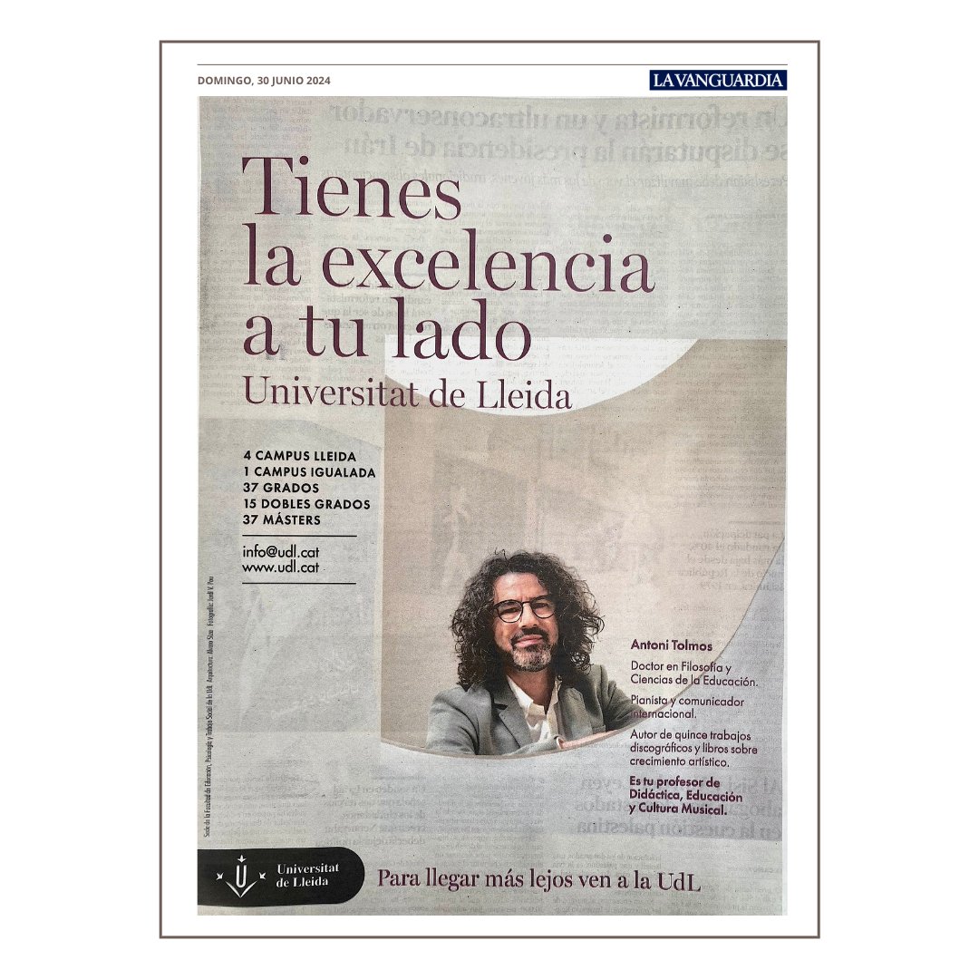 Un privilegi representar a la Universitat de Lleida en aquesta campanya per al diari <a href="/LaVanguardia/">La Vanguardia</a> , <a href="/SEGREcom/">SEGRE</a>  i <a href="/LaManyanacat/">La Mañana</a> .
Una institució en la qual he crescut professionalment i personal.
Moltes gràcies !
Continuarem treballant a tope!