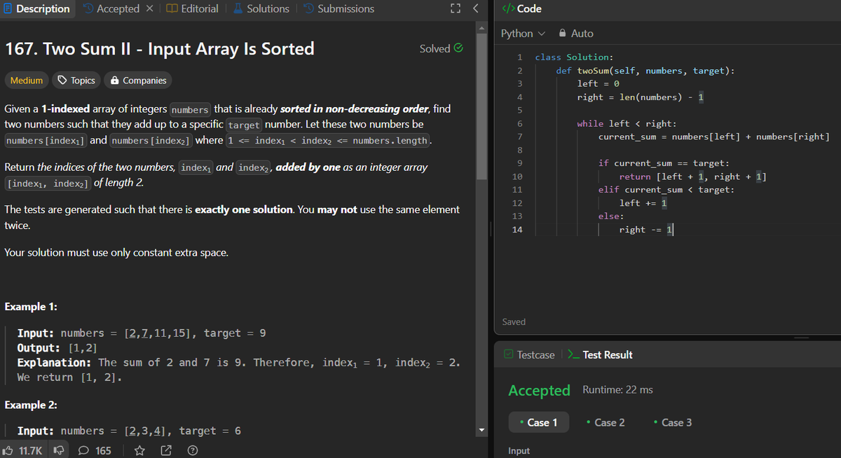 ttvmcodes's tweet image. Day 16: Continuing my #100DaysOfCode, 
today I solved Two Sum II - Input Array Is Sorted LeetCode - 167

I used a two-pointer approach to find indices in O(n) time.

#dsa #twopointer #python #CodingJourney #100DaysOfCode #programming  #webdev 
#Webdesign