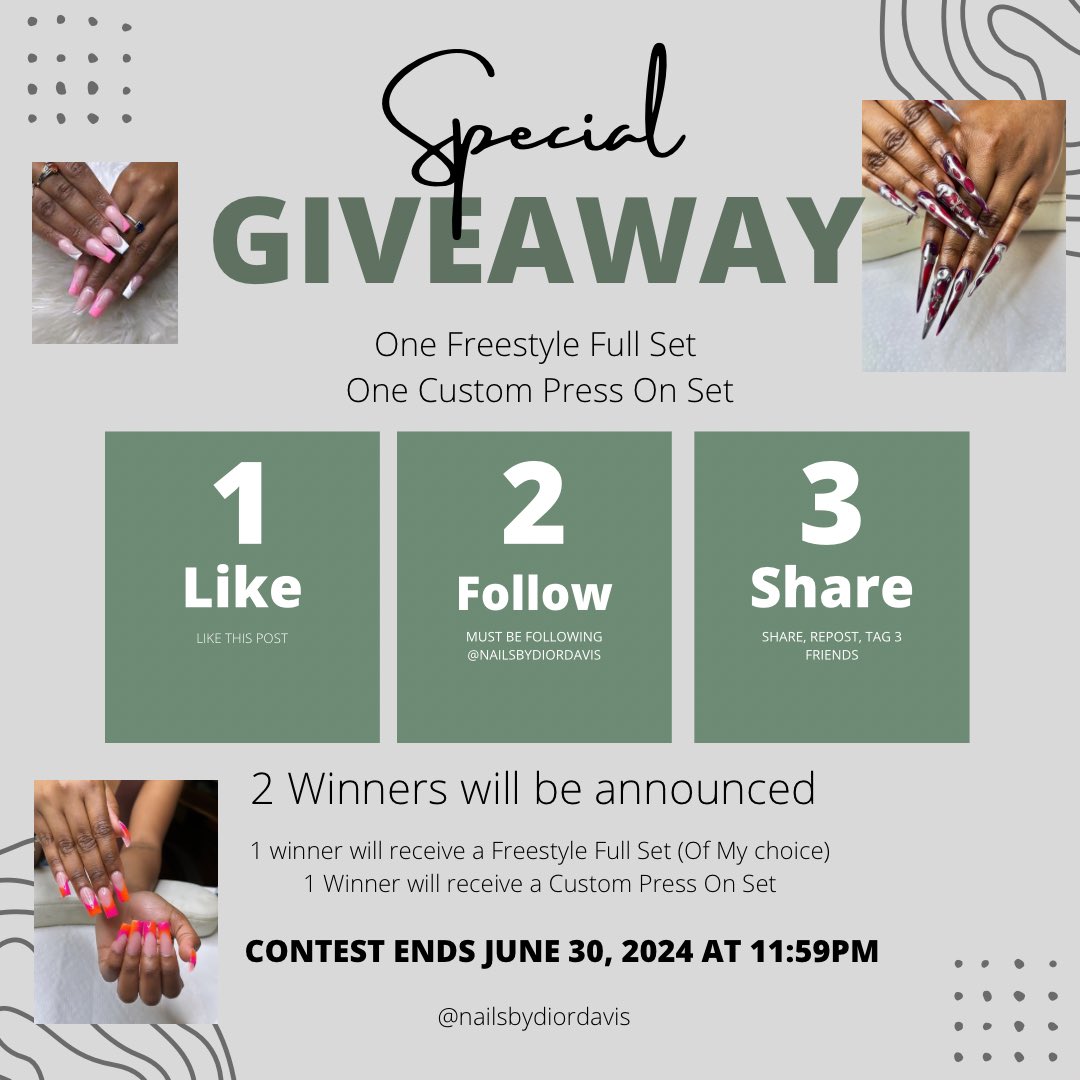 DiorDavis's tweet image. Last Day to enter the giveaway 
To enter:
1️⃣ Follow @nailsbydiordavis on instagram 
2️⃣ Comment 💅🏽 below
3️⃣ Tag 3 friends
4️⃣ Like and Share this post in your story on and tag @nailsbydiordavis on Instagram 

Hurry, the contest ends on **June 30, 2024 at 11:59pm**! ⏰