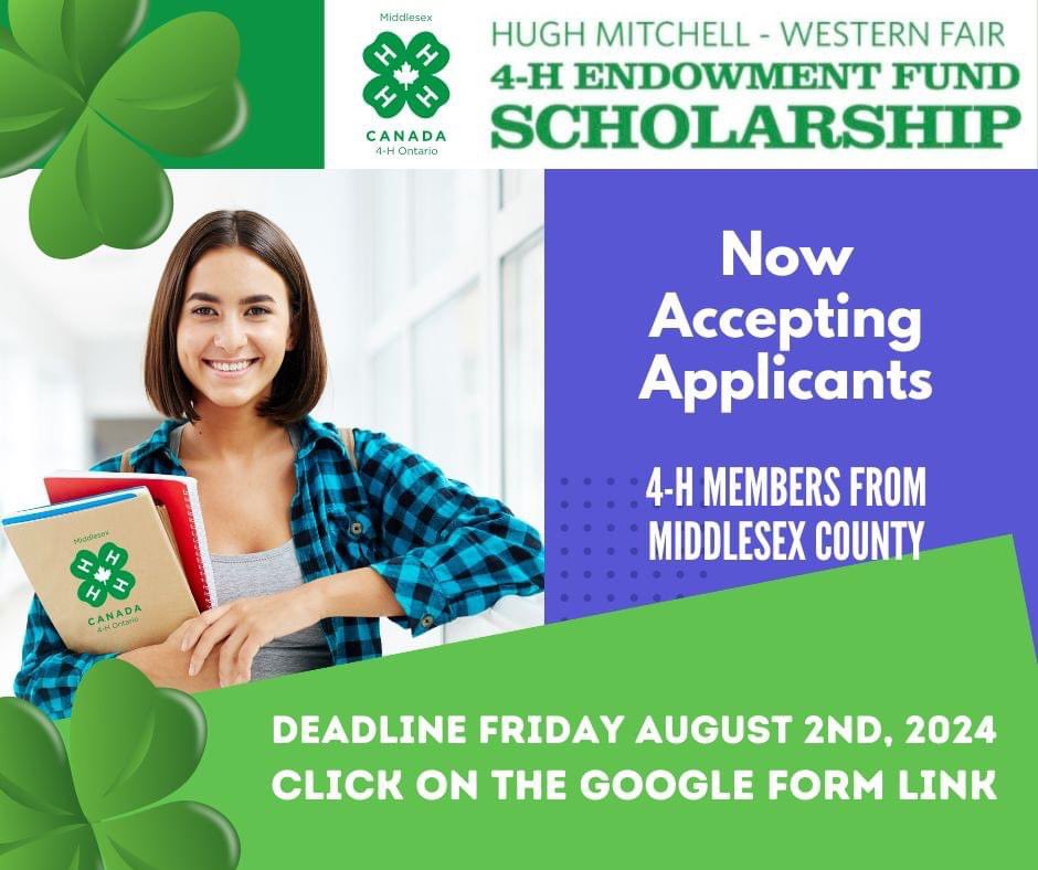Middlesex4H's tweet photo. HUGH MITCHELL / WESTERN FAIR ASSOCIATION 4-H ENDOWMENT FUND SCHOLARSHIP

How to Apply: Applications are available through this google form link https://t.co/hbpqJ2h7IP  . 
Don’t miss out on this incredible opportunity!

Deadline: Friday, August 2, 2024 https://t.co/XAbAzdqKk4
