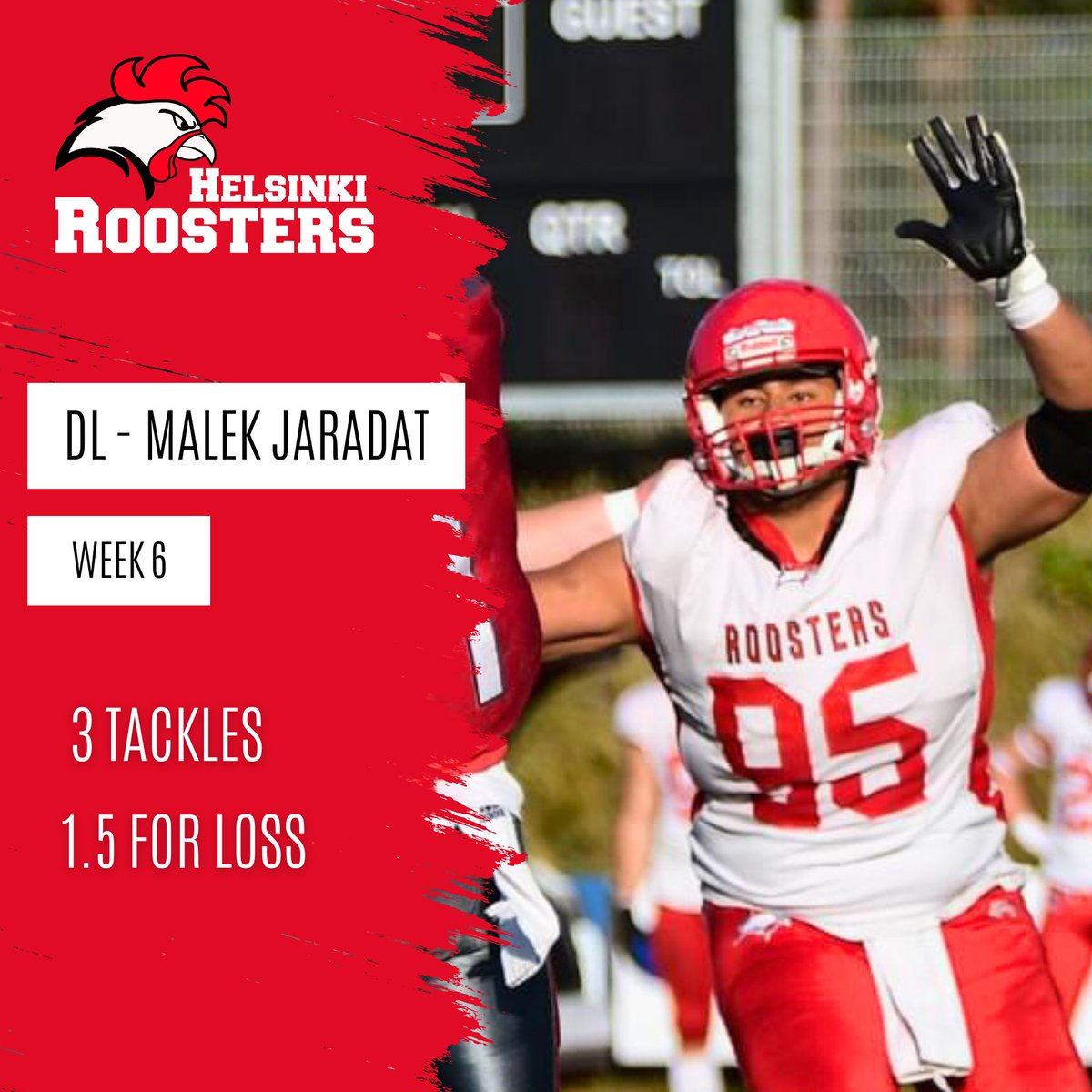 Defensive lineman Malek Jaradat returned to the lineup in Kuopio and was already involved with a couple tackles behind the line of scrimmage 💪🏽

📸: @jvehkomaki 
#redhouse #roostersfamily #jenkkifutis #jefu #roostersfootball #vaahteraliiga #americanfootball
