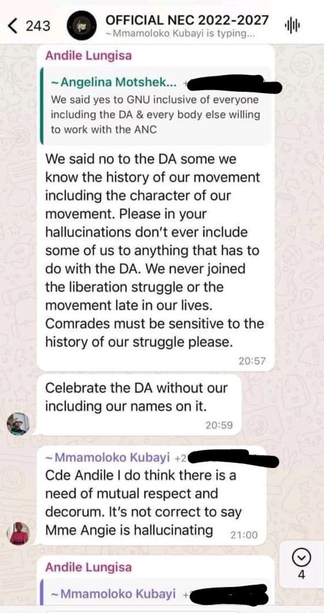 ChrisExcel102i's tweet photo. Andile Lungisa on WhatsApp group rubbishing the DA GNU? 👀

Why is the ANC still pushing this DA agenda? https://t.co/OIyQpld5ow