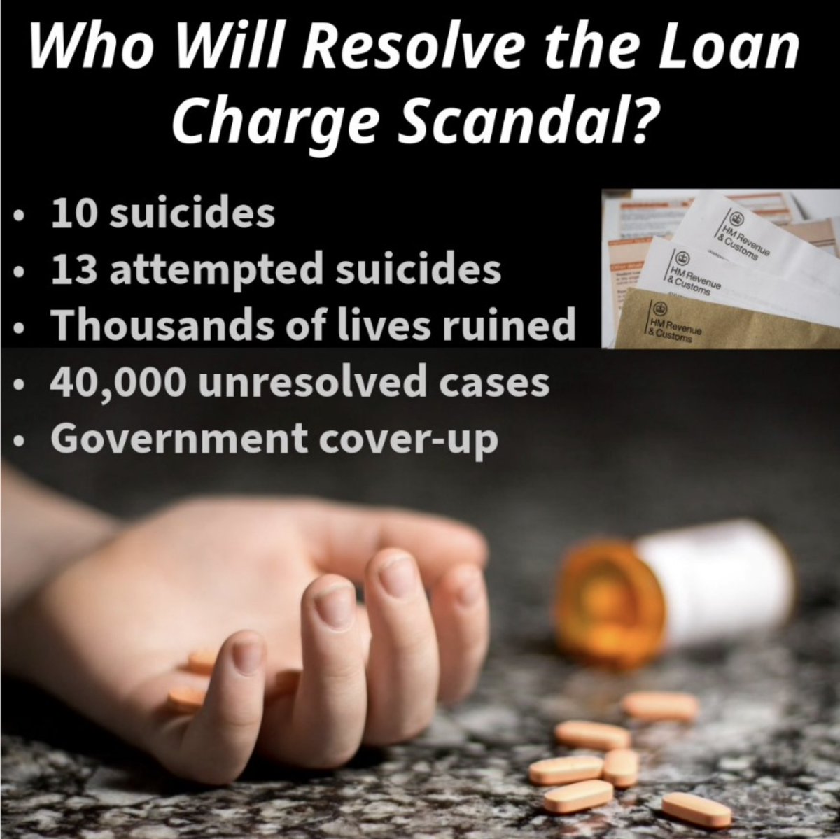 LCAG_2019's tweet image. Time for ACTION on #LoanChargeScandal, risk more #LoanChargeSuicides intensifying with 40k+/67k cases unresolved. Full, independent Inquiry into all aspacts, without interference HMRC/HMT, leading to #FairResolution.  Who will resolve?

@Keir_Starmer
@Nigel_Farage
@EdwardJDavey