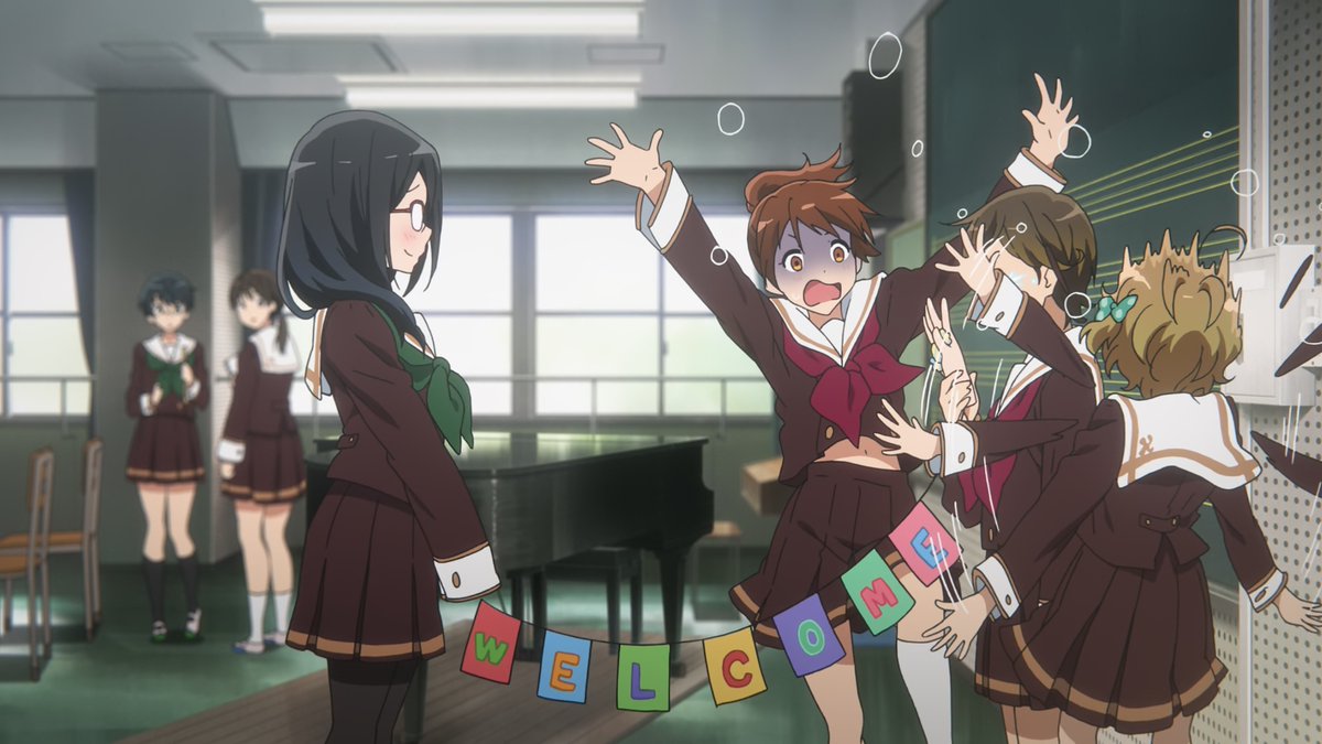 Yuyucow's tweet image. Kitauji's uniforms are color-coded by generation. Kumiko joined in 2015, when 3rd years wore green. She graduates in 2018, uni in 2022. Joining her old school immediately, 2024 is her third year. Seniors due to wear green again. In reality &amp;amp; fiction, Eupho S3 starts in April 2024