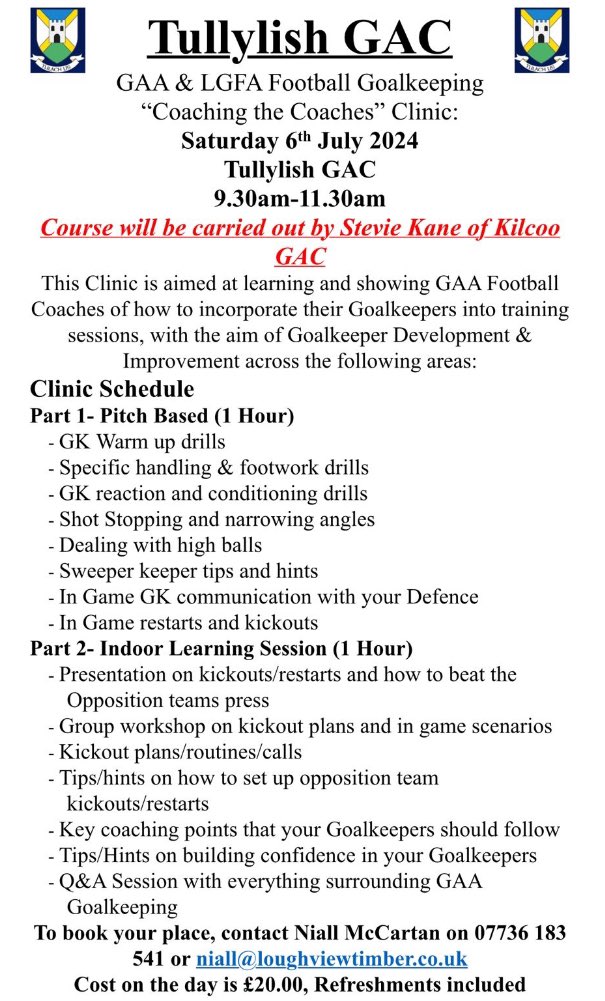 steviekane1906's tweet photo. Looking forward to running this Coaching Clinic next Saturday (6th July) on behalf of @tullylishgaa. 

To book a place, please make contact with Niall McCartan on +44 7736 183541 / niall@loughviewtimber.co.uk

Please feel free to share. Thanks 🤝

@officialdowngaa 
@DownLGFA https://t.co/SQ1USo4hqw