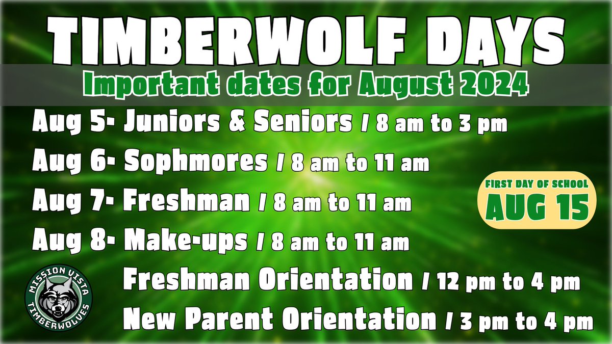 #BacktoSchool Time!!⏰📚
🎉We hope your summer was awesome and you are rested and ready for another exciting year at MVHS!
🐺TIMBERWOLF Days start Aug 5th for Seniors and Juniors!  👈
🏖️Enjoy the rest of your time Timberwolves! #Summer2024