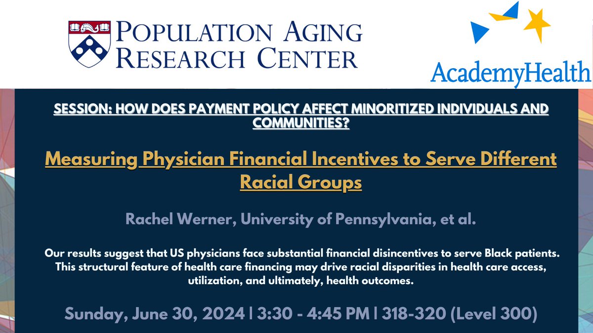 Population Aging Research Center at Penn (@pennparc) on Twitter photo TODAY AT 3:30PM
"Measuring Physician Financial Incentives to Serve Different Racial Groups" co-authored by <a href="/rm_werner/">Rachel Werner</a> is being presented at #ARM24 in 318-320 Lvl 300 BCC (Level 300, Baltimore Convention Center)
academyhealth.confex.com/academyhealth/… TODAY AT 3:30PM
"Measuring Physician Financial Incentives to Serve Different Racial Groups" co-authored by <a href="/rm_werner/">Rachel Werner</a> is being presented at #ARM24 in 318-320 Lvl 300 BCC (Level 300, Baltimore Convention Center)
academyhealth.confex.com/academyhealth/…