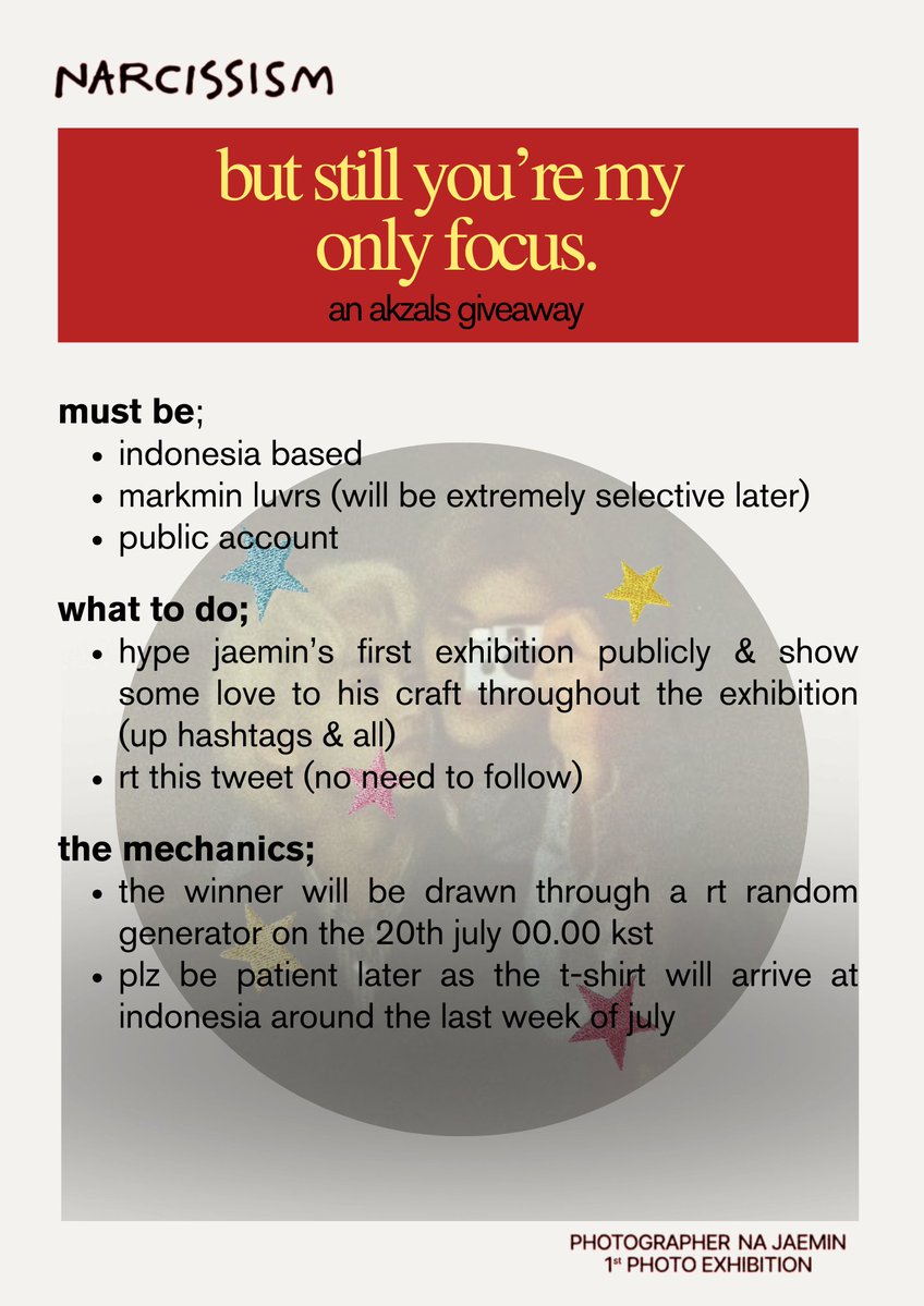 𝙗𝙪𝙩 𝙨𝙩𝙞𝙡𝙡 𝙮𝙤𝙪'𝙧𝙚 𝙢𝙮 𝙤𝙣𝙡𝙮 𝙛𝙤𝙘𝙪𝙨 ー a lil giveaway for markminists, celebrating the debut of our beloved photographer! 🩷

plz rt &amp; good luck! (ꈍᴗꈍ)/

JAEMIN PHOTOGRAPHER DEBUT
#JAEMIN_NARCISSISM
#재민작가님_나르시시즘_기대된당힛