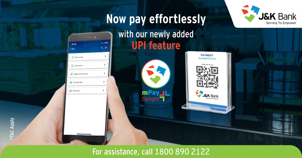 JandKBank's tweet photo. Experience seamless UPI payments with the newly upgraded mPay Delight+ App. Link multiple accounts and enjoy the convenience of Easy Scan &amp; Pay. 

#JKBank #mPayDelight+ https://t.co/h9sW0fidmQ