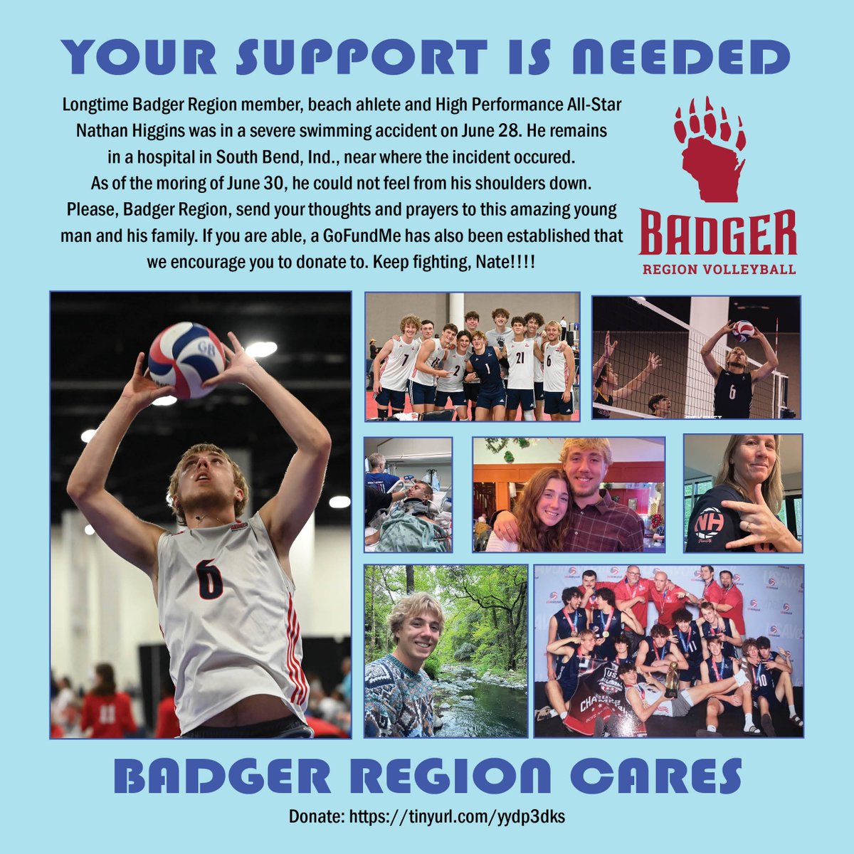 A former Badger Region athlete needs your help. Nathan Higgins was involved in a near-fatal  swimming accident June 28. Nathan was a 4-time member of our All-Star team, a standout beach athlete and an amazing setter during his tenure. Details &amp; GoFundMe: tinyurl.com/yydp3dks.