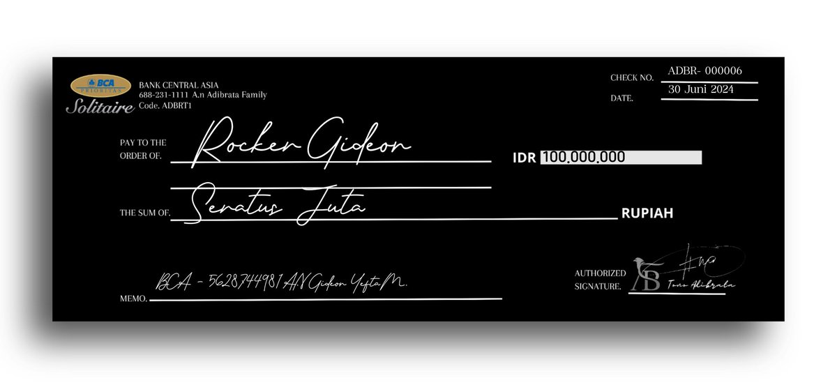 ㅤ ㅤ
✉ㅤ
Pengirim:
ADIBRATA FAMILY
( <a href="/ADlBRATA/">ADIBRATA HEREDITY</a>  )
Jakarta Utara

Penerima:
BCA - 5628744981 A.N Gideon Yefta M. 
[<a href="/Axeroje/">Raya</a> <a href="/RockerGideon/">𝙂𝙄𝘿𝙀𝙊𝙉</a> ]

✉️ Fresh Money Sponsorship

ㅤㅤ