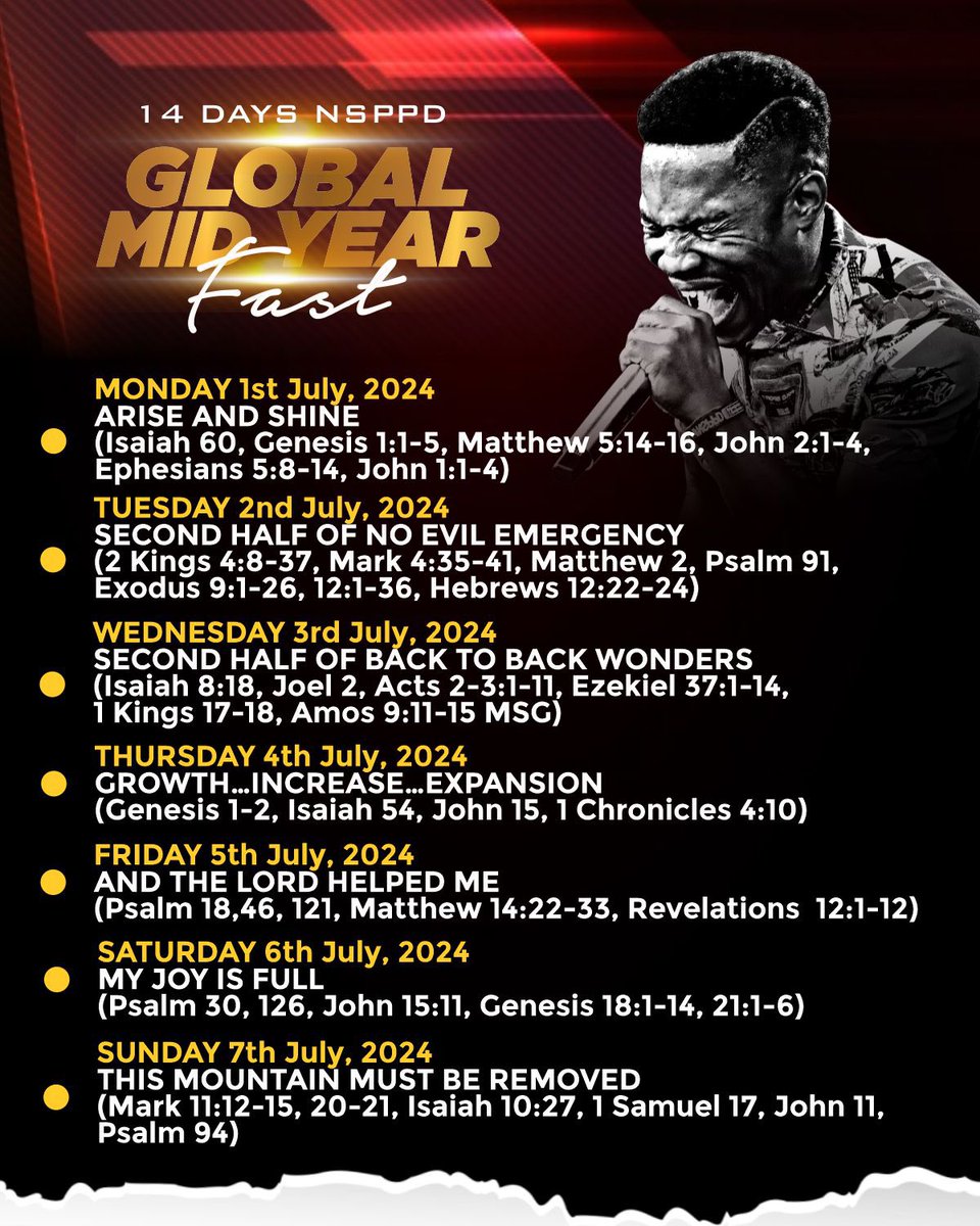 streamsofjoyHQ's tweet image. SOLDIERS ARISE… Here’s a full breakdown of our Fasting/Prayer themes for the week🔥🔥🔥🔥🔥🔥🔥

SPREAD WIDELY!!! Stay glued to our pages for more updates for What God Cannot Do Does Not Exist🔥🔥🔥🔥

#nsppd
#StreamsOfJoyInternational
#whatGodcannotdodoesnotexist