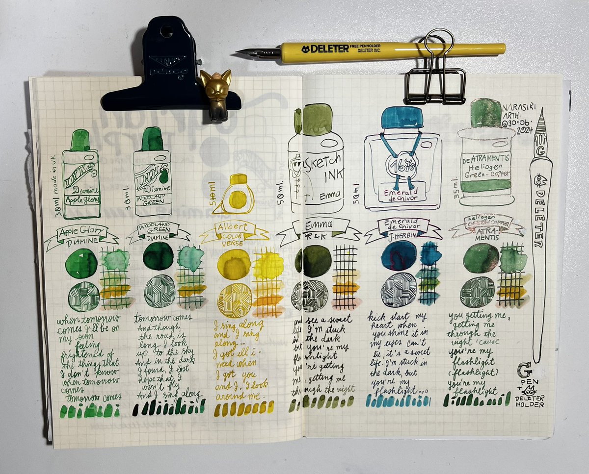 GUTSGaye's tweet photo. Green Inks
1&amp;2) Diamine, Apple Glory &amp; Woodland Green
3) Colorverse, Albert
4) R&amp;K, Emma: Water-proof Ink***
5) J. Herbin, Emerald de Chivor
6) de ATRAMENTIS, Heliogen-Green Copper
with G-Pen, Deleter Holder
#penandink #inkreview #diamine #colorverse #herbin #atramentis #greenink https://t.co/cgpOOQhAtL