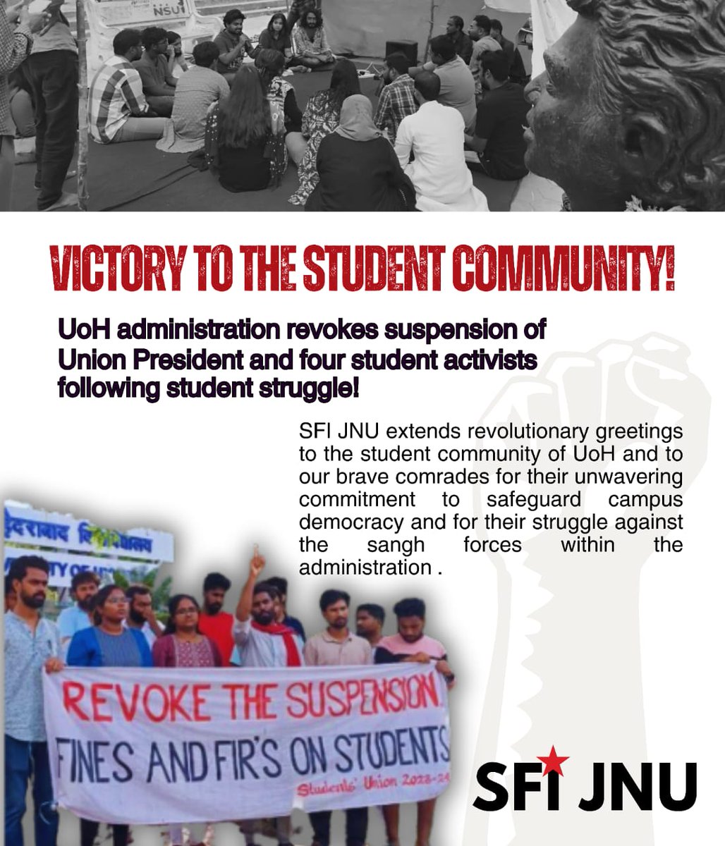 Avijit_786's tweet photo. UoH admin bows down to the students unity✊🏾. Revolutionary greetings to the students of HCU to struggle against the suspension of HCUSU President and 4 other student activists get that revoked.
#StudentsUnityLongLive https://t.co/HTDAnrJbKs