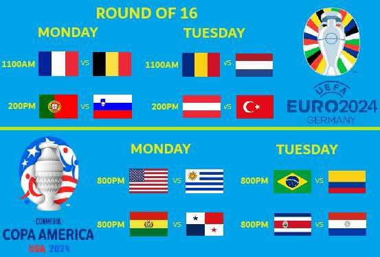 AJ Hudson's (@ajhudsons) on Twitter photo Euro Round of 16 & Copa America MONDAY USMNT-Uruguay, France-Belgium, Portugal-Slovenia, Bolivia-Panama; TUESDAY Brazil-Colombia, Romania-Holland, Austria-Turkey, Costa Rica-Paraguay. Also MON Palmeiras-Corinthians, WED Fire-Philly <a href="/SEPchicago/">Palmeiras Chicago ยฎ</a> <a href="/AO_Chicago/">AO Chicago</a> Euro Round of 16 & Copa America MONDAY USMNT-Uruguay, France-Belgium, Portugal-Slovenia, Bolivia-Panama; TUESDAY Brazil-Colombia, Romania-Holland, Austria-Turkey, Costa Rica-Paraguay. Also MON Palmeiras-Corinthians, WED Fire-Philly <a href="/SEPchicago/">Palmeiras Chicago ยฎ</a> <a href="/AO_Chicago/">AO Chicago</a>