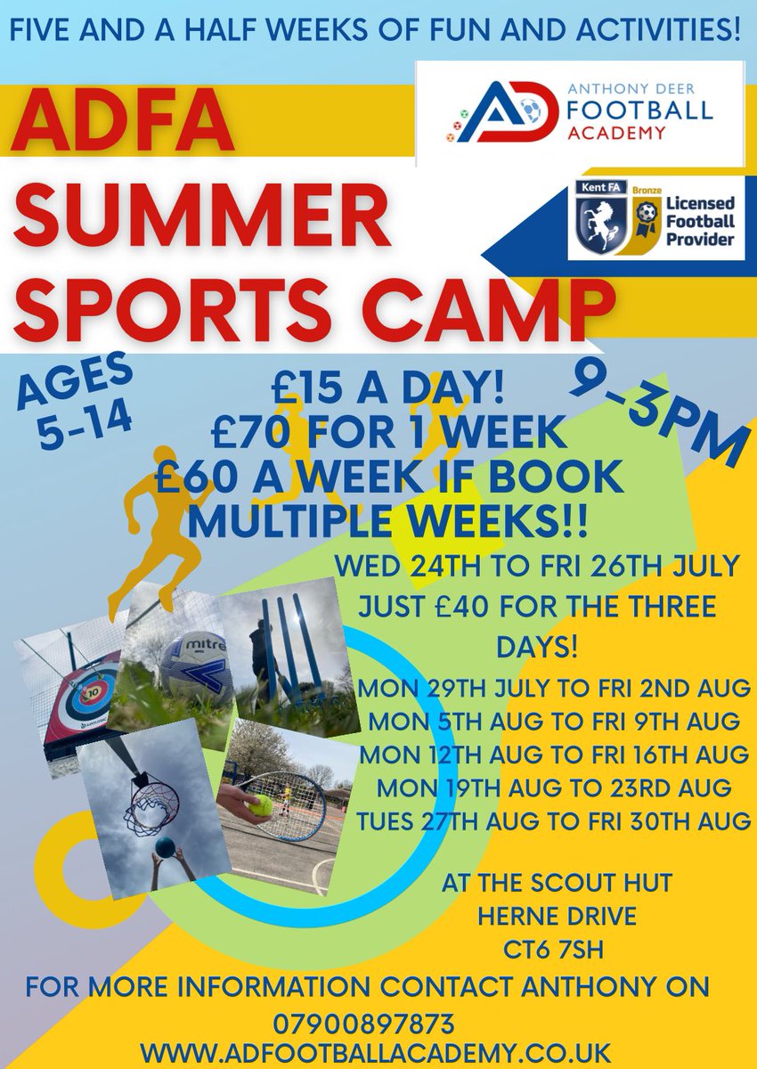 ADFA100's tweet photo. We are running our Sports camps for the entirety of the Summer Holidays starting on Wednesday 24th July to Friday 30th August! 

It is still just £15 a day!
£70 for one whole week!
£60 a week if book more than one week!
And it's just £40 for the half week 24th July to 26th July! https://t.co/UVifxRzRi8