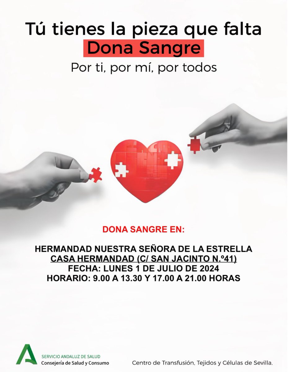 ¡Recuerda!

🗓️ Mañana tendrá lugar una jornada de donación de sangre en nuestra Casa-Hermandad. 

⏰ Puedes venir de 9h a 13:30h y de 17h a 21h

🩸 ¡Colabora!

ℹ️ Toda la información, requisitos y consideraciones: hermandad-estrella.org/1-de-julio-jor…
