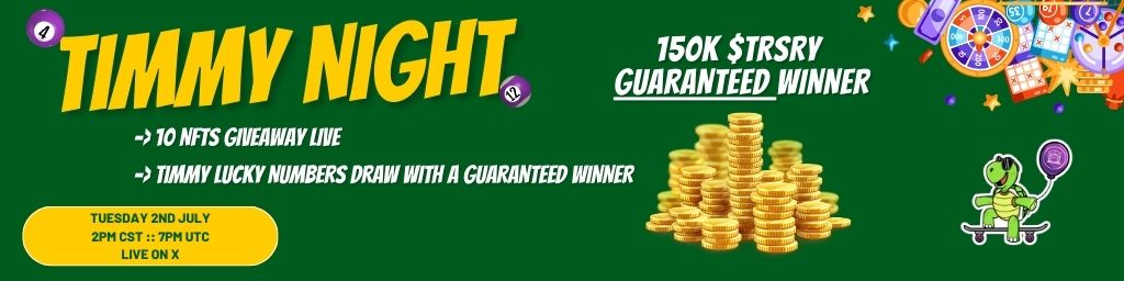 For those of you that have been living under a rock, it's time to get REAL.
The Timmy Lucky Numbers Draw has been running for over a year.
Owning a Timmy NFT gives you a free entry into the weekly draws. These increase  by 10K $TRSRY every week we don't draw a winner.
🧵⤵️
