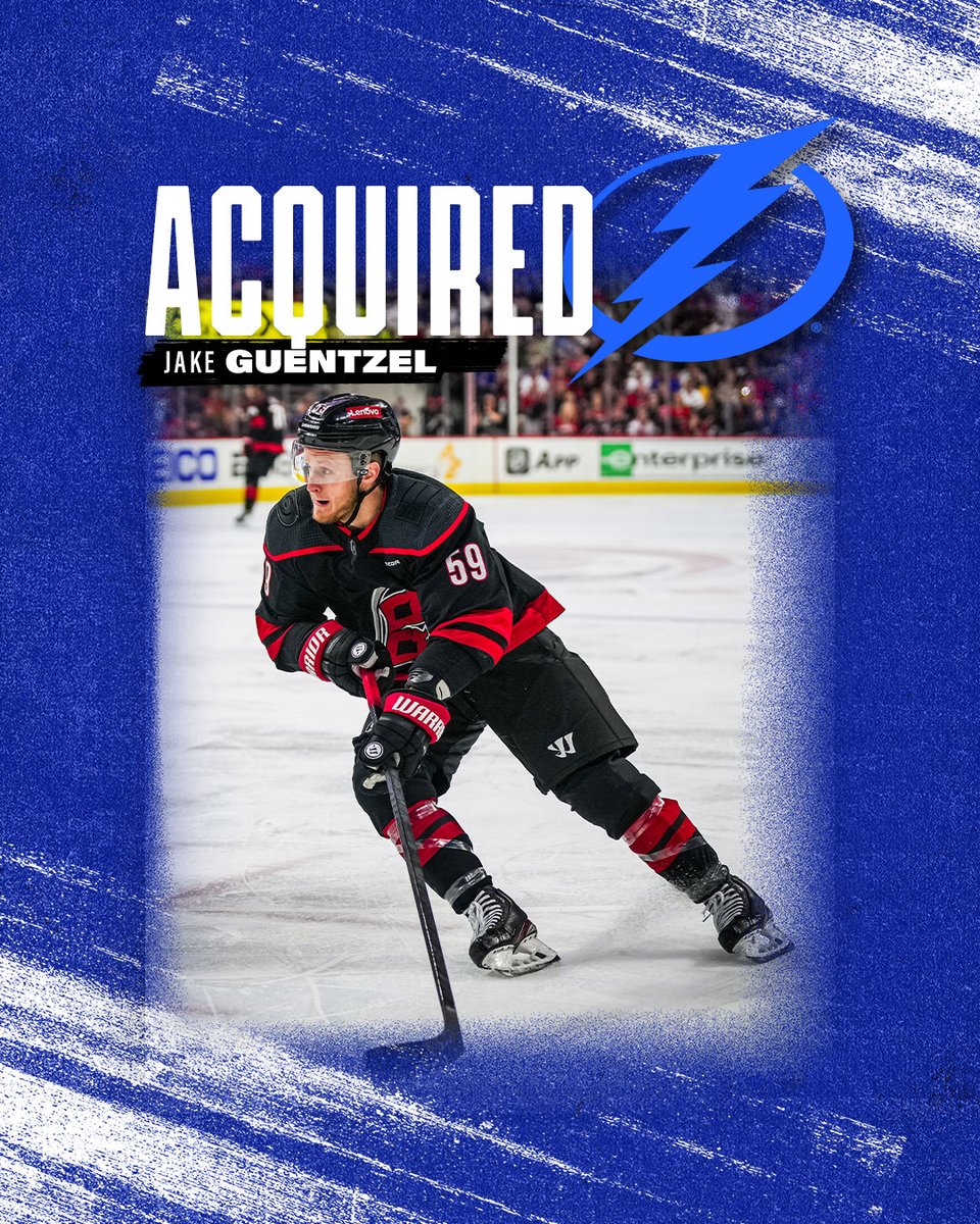 TBLightning's tweet photo. Latest addition coming to Tampa! ⚡️

We have acquired forward Jake Guentzel from the Carolina Hurricanes in exchange for a third-round pick in the 2025 NHL Draft. 

📝: https://t.co/BikEioWds1 https://t.co/jG228tSAqA