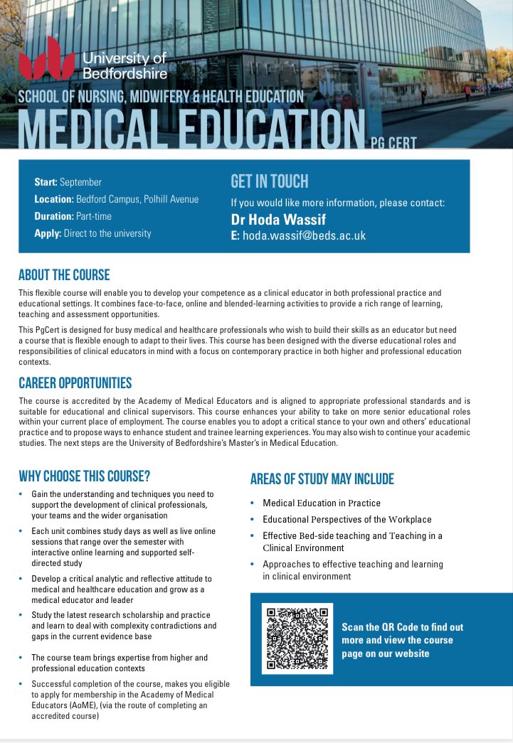 cwake1's tweet photo. Still time to apply for this Sept. Uni of Beds. If you are interested in teaching then this may be for you 😀. Hybrid learning; part time over a year. @uniofbeds #meded #pgcert #medical #education @HodaWassif @ksharpeoutloud https://t.co/QrqN8hkOce