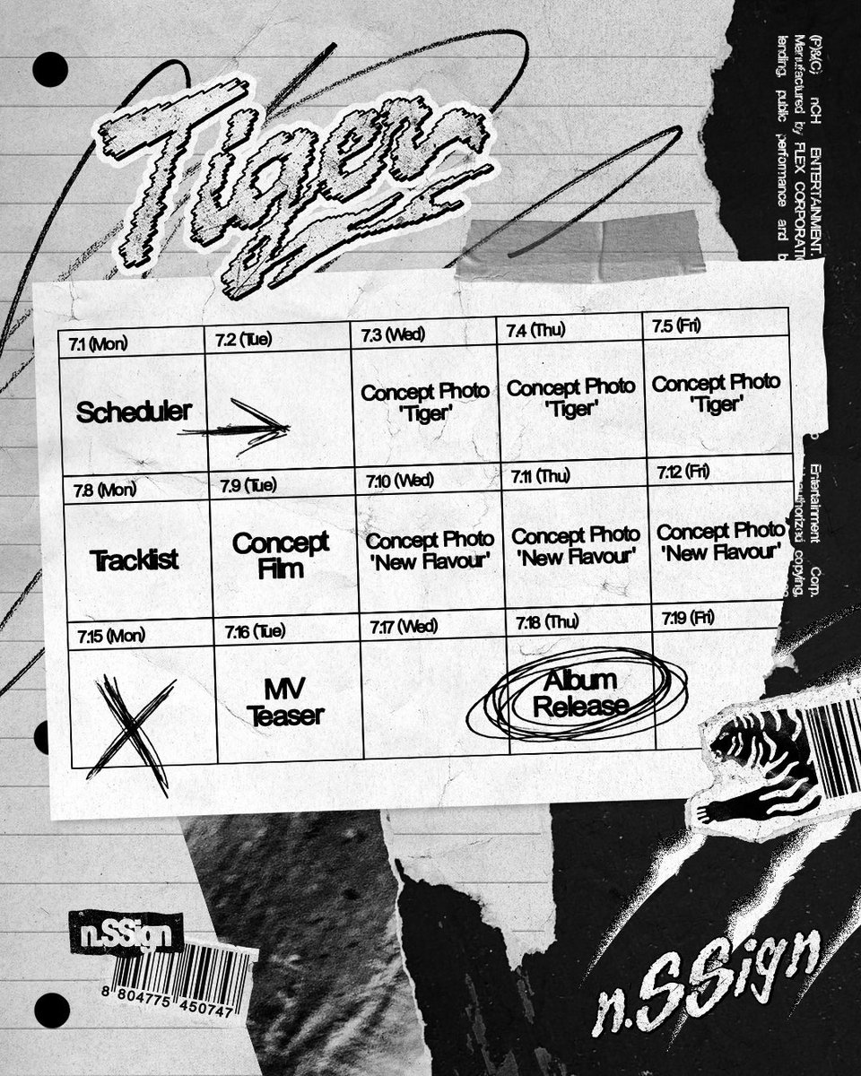 nSSign_official's tweet photo. n.SSign 2nd Mini Album Repackage ‘Tiger’ SCHEDULER

🐯2024.07.18 Release

#nSSign #엔싸인 #Repackage
#Tiger https://t.co/SsSIcoWHsC