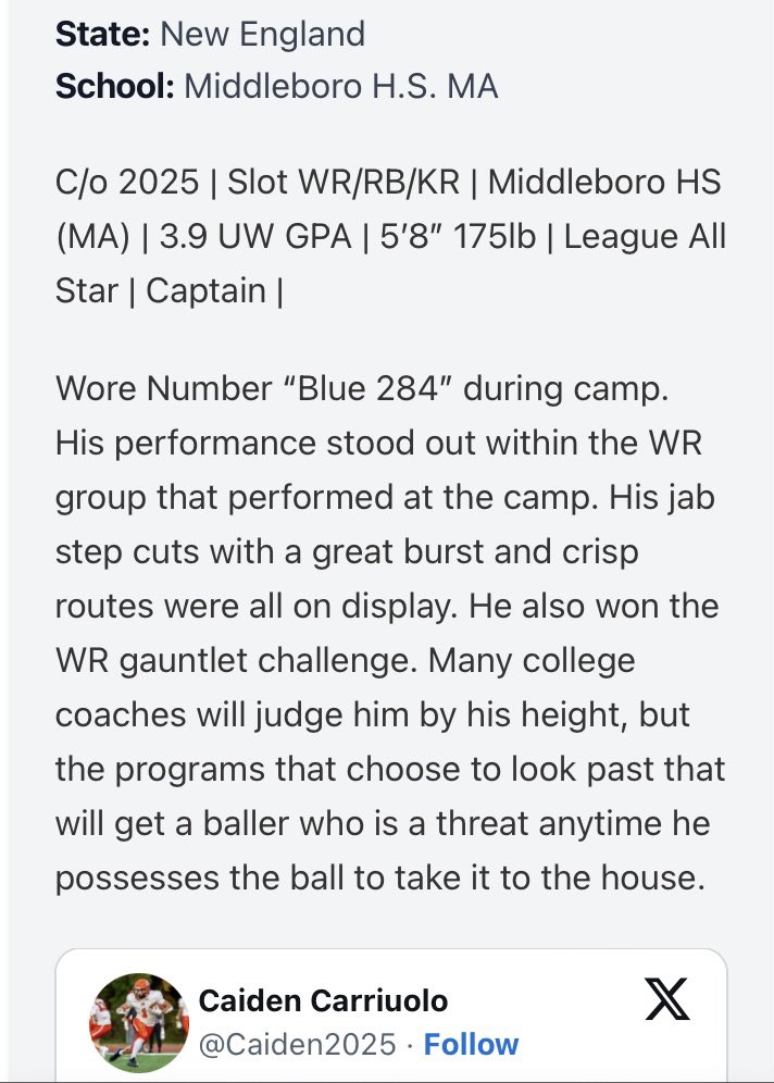 Caiden Carriuolo (@caiden2025) on Twitter photo Appreciate the write up Coach! @PRZ_CoachSilva <a href="/PRZ_CoachQuisse/">Coach Marquisse Silva</a> <a href="/PRZNewEngland/">Prep Redzone New England</a> <a href="/CoachKingman/">1FAM</a> Appreciate the write up Coach! @PRZ_CoachSilva <a href="/PRZ_CoachQuisse/">Coach Marquisse Silva</a> <a href="/PRZNewEngland/">Prep Redzone New England</a> <a href="/CoachKingman/">1FAM</a>