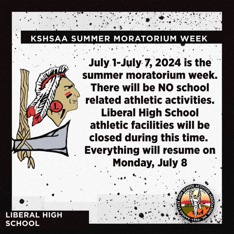 The KSHSAA Summer Moratorium will take place from Monday, July 1 through Sunday, July 7. There will be no activities taking place during this time.  Weights and  Activities will resume on Monday, July 8.