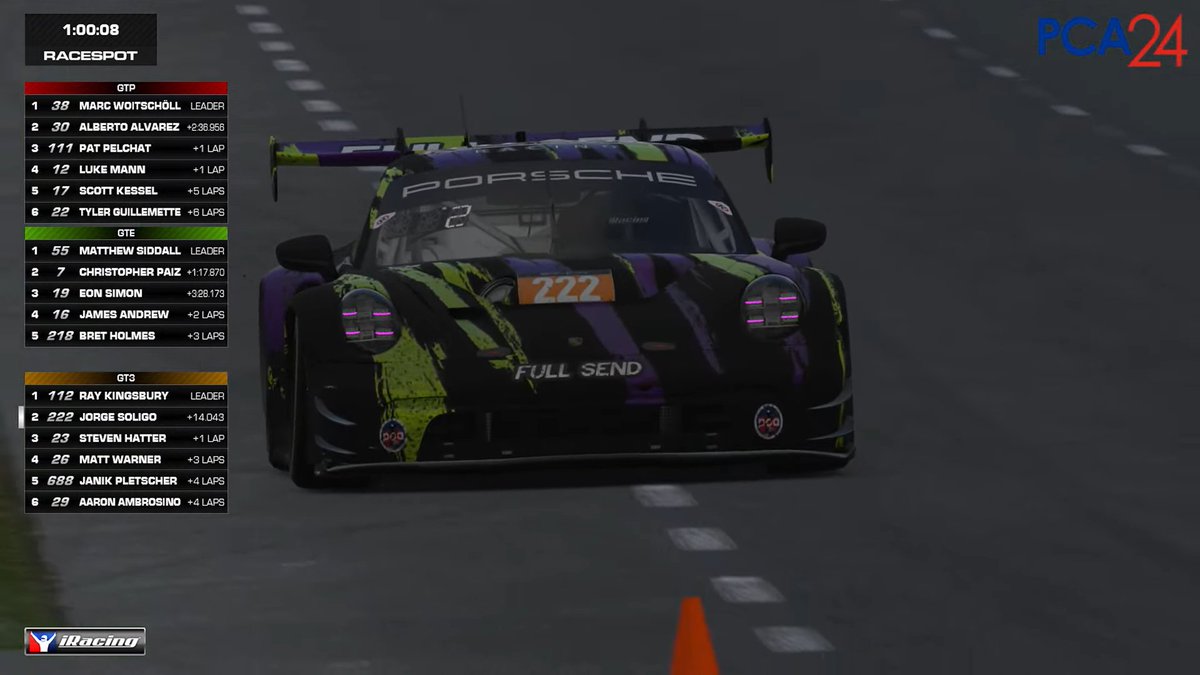 pcasimracing's tweet image. ⌛️🇫🇷🏁

One hour left for the #PCA24 and our class leaders to take the gold:

GTP: ST Racing Esports #38
GTE: Matrix Bronze
GT3: SOELPEC Precision Racing

Business is about to pick up! Tune in now for the finale on @RaceSpotTV: youtube.com/watch?v=SnZb2L…

#PCASimRacing
@PCANational