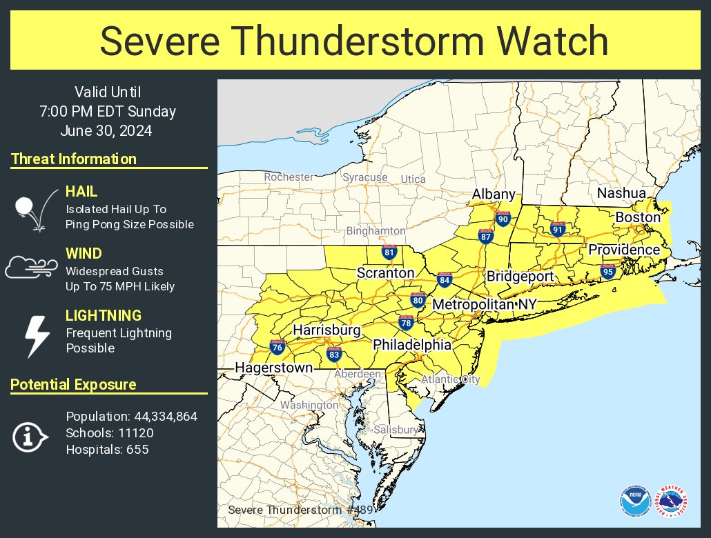 NWSBoston's tweet photo. A severe thunderstorm watch has been issued for parts of Connecticut, Delaware, Massachusetts, New Jersey, New York, Pennsylvania and Rhode Island until 7 PM EDT https://t.co/tYml8cII0q
