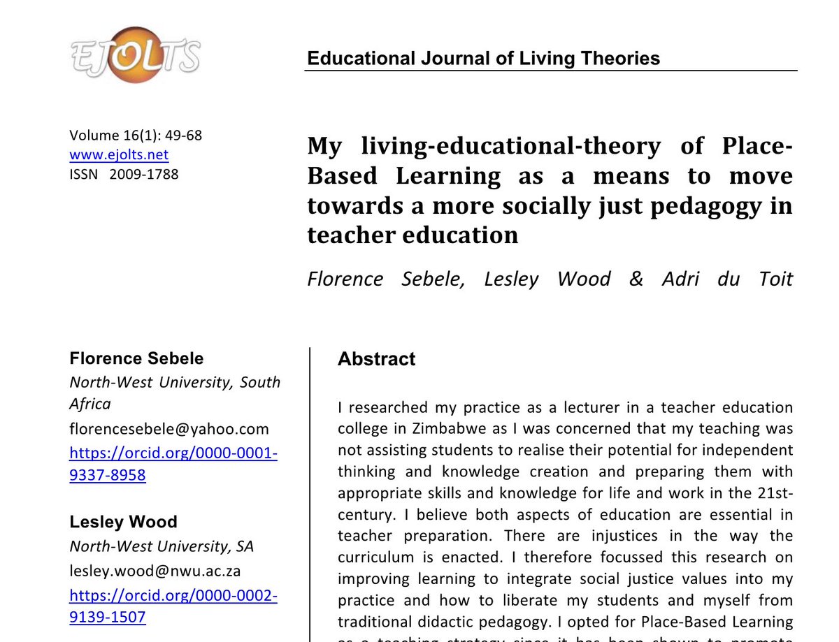 Have you read the inspirational paper from Sebele et al. about how she researched her practice as a lecturer in a teacher education college in Zimbabwe?  It's OA &amp; available from EJOLTs here: ejolts.net/files/398.pdf #LivingTheory <a href="/inclusivegandt/">Marie</a> <a href="/YoSwaroop/">Swaroop Sampat Rawal</a> <a href="/mathiology/">Brian Williamson</a> <a href="/leswoodr/">lesley wood</a>