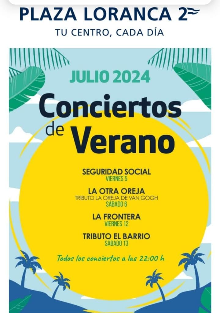 Ven y Disfruta como todos los años de los Conciertos en @plazaloranca2 el próximo Julio, este año tendremos maravillosas actuaciones de grupos como Seguridad Social o el Tributo a la Oreja de Van Gogh.
No te lo pierdas.