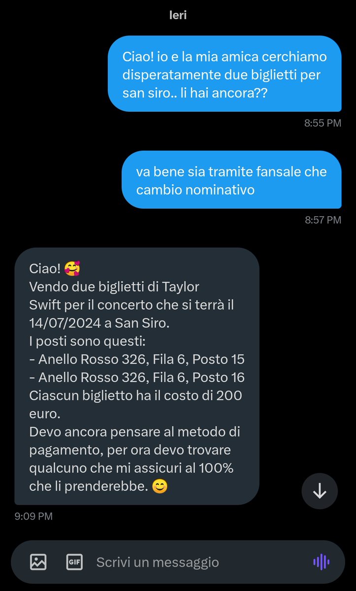 melsskywalker's tweet photo. RAGAZZI NON FIDATEVI DI CHI VI INVIA QUESTO MESSAGGIO PERCHÉ FANNO COPIA E INCOLLA. SONO TRUFFE.  

NON FIDATEVI, NON HANNO NESSUN BIGLIETTO. 

#fansale #TaylorSwift https://t.co/YfGBJfMRyC