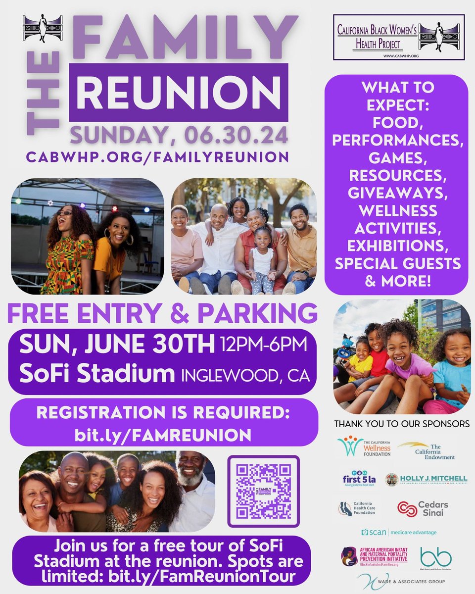 California Black Women's Health Project (CABWHP) (@cabwhp) on Twitter photo The Family Reunion is today! 🎉 We hope you're ready to celebrate, eat, dance, uplift wellness and be in community with us at SoFi Stadium from 12PM-6PM! Entry and parking are free! Registration is required: bit.ly/FAMREUNION The Family Reunion is today! 🎉 We hope you're ready to celebrate, eat, dance, uplift wellness and be in community with us at SoFi Stadium from 12PM-6PM! Entry and parking are free! Registration is required: bit.ly/FAMREUNION