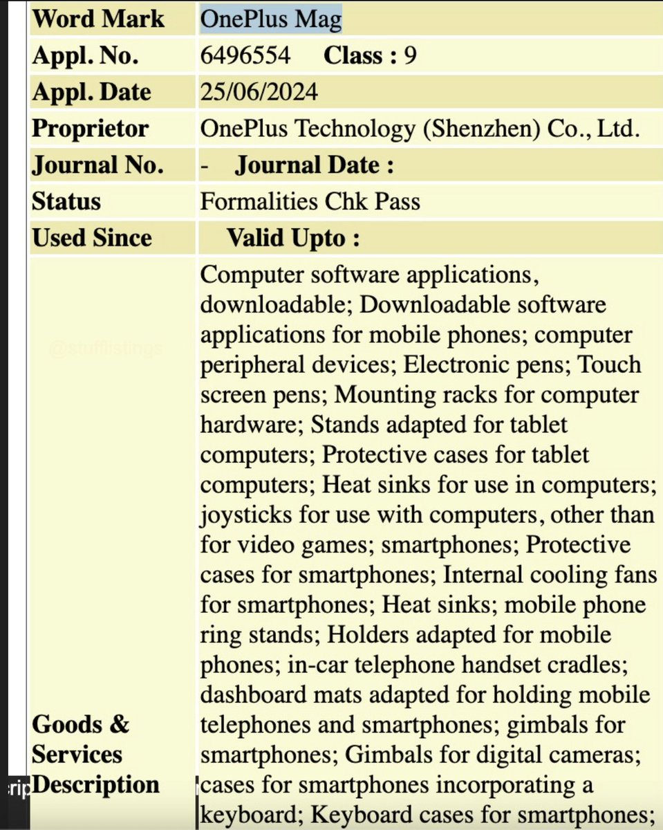 stufflistings's tweet photo. OnePlus has filed the trademark for OnePlus Mag (India)
#OnePlus #OnePlusMag https://t.co/OHxVRtOK3W
