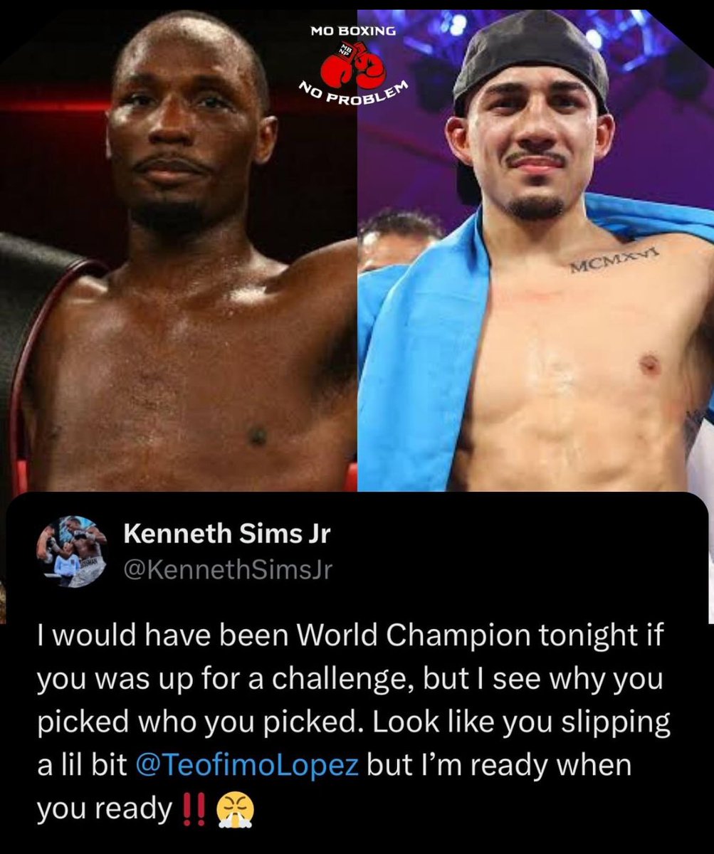 MoBoxingNP's tweet photo. Kenneth Sims Jr. wants his title shot versus Teofimo Lopez πππ₯
Who you got?
#boxing #kennethsimsjr #teofimolopez #superlightweight #goldenboyboxing #toprankboxing #raymuratalla #elvisrodriguez #steveclaggett #lopezclaggett #fighthype #boxinghype https://t.co/IFbnPbT03v