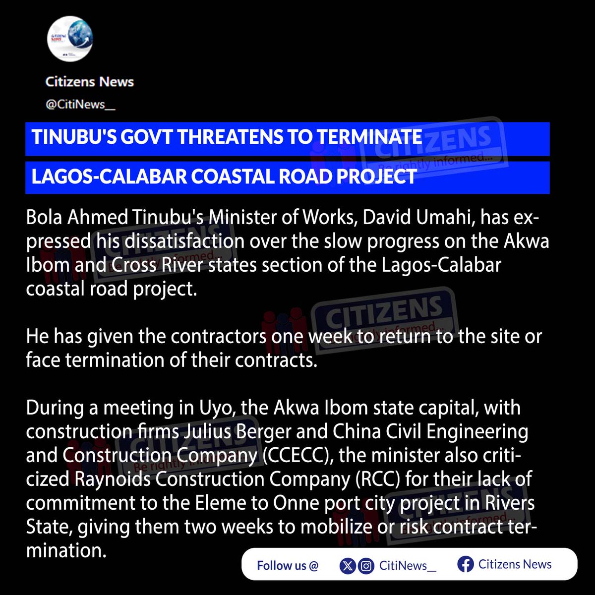 CitiNews__'s tweet photo. Tinubu's Govt Threatens To Terminate Lagos-Calabar Coastal Road Project
#BeRightlyInformed #CitizensNews #today #BreakingNews #currentnews #foryoupageシ #NewsUpdates #Reels #viral #GoViral #Trending #TrendingNow #Lagos https://t.co/uByAb2fLOQ