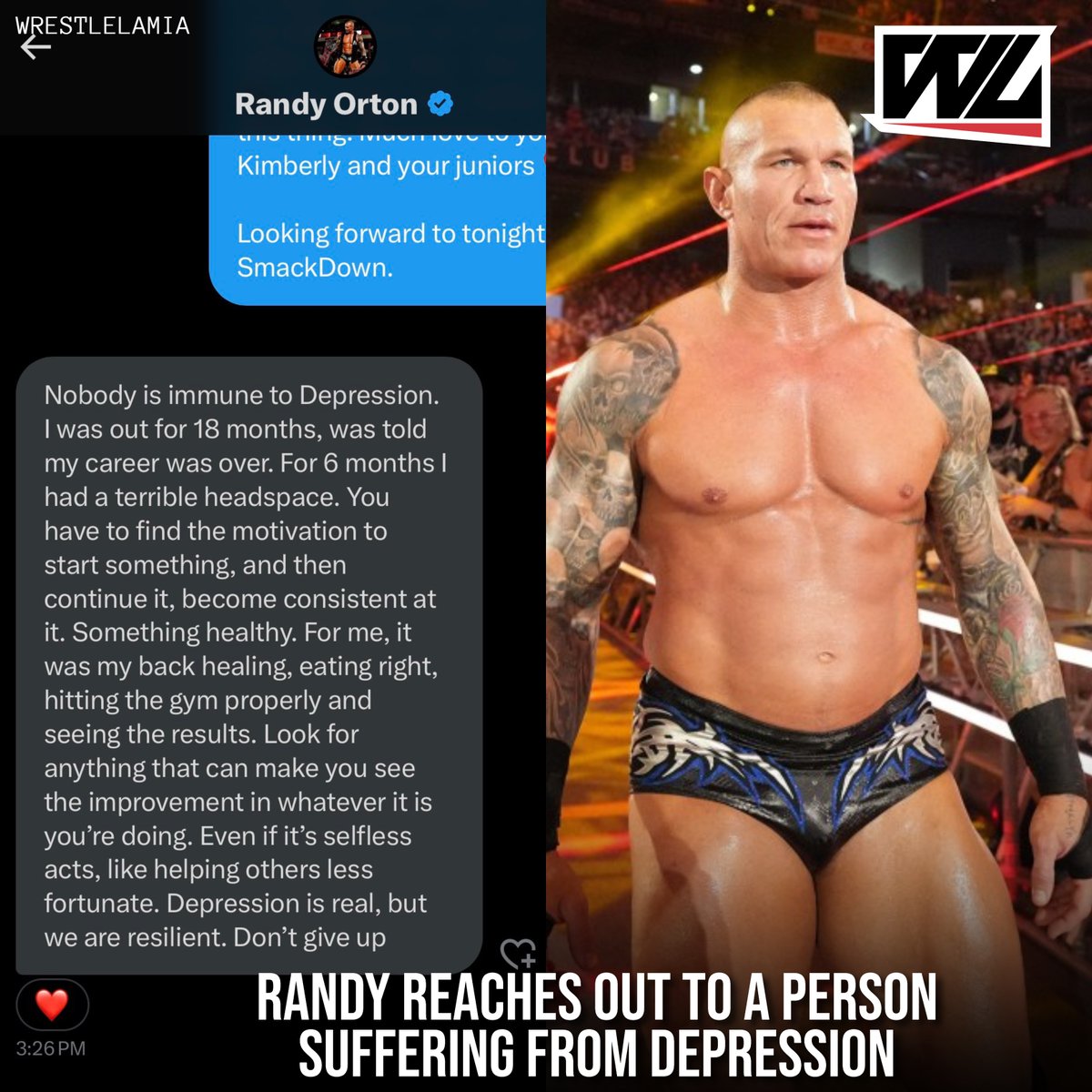 This is why Randy Orton is the fuking GOAT. He reached out to person suffering depression, noting that he's also had bad experiences as well. Incredibly wholesome ❤️