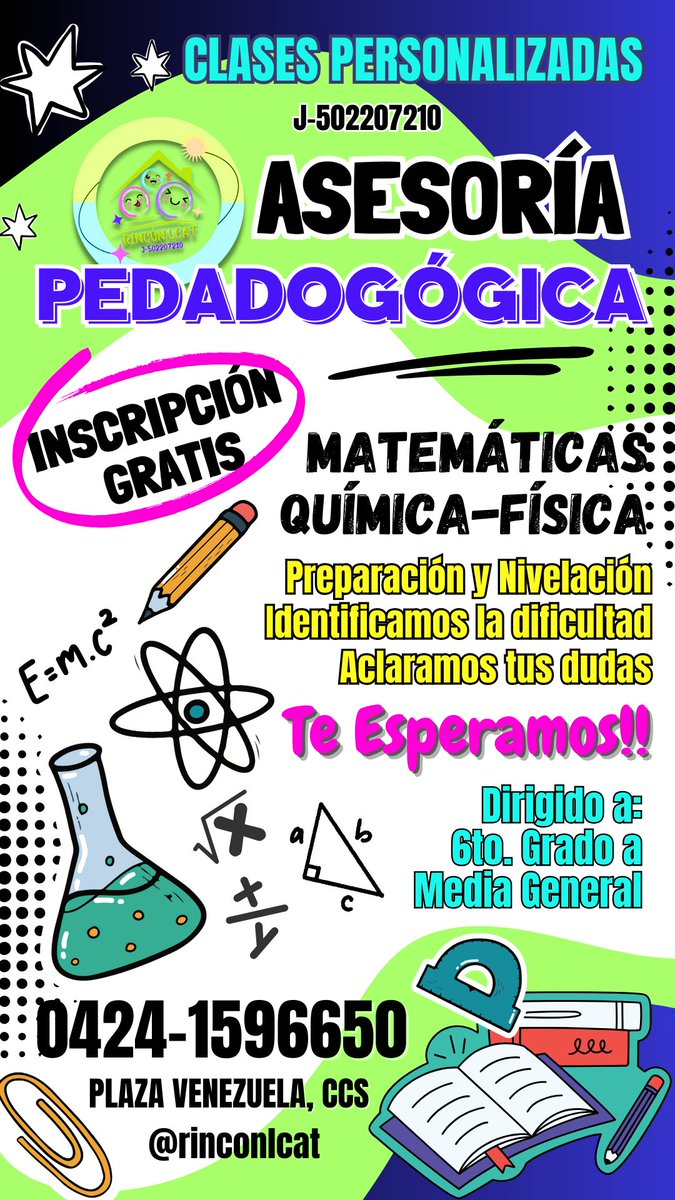 lcat_el's tweet photo. ¿Tu hijo necesita ayuda en matemáticas, física o química?

¡No te preocupes! En Rincón LCAT te ofrecemos asesorías personalizadas en el área de ciencias básicas, ¡No te quedes atrás! invierte en el futuro educativo de tu hij@.

¡¡Te esperamos!! Cupos Limitados 
@rinconlat https://t.co/WcfyYMB3SW