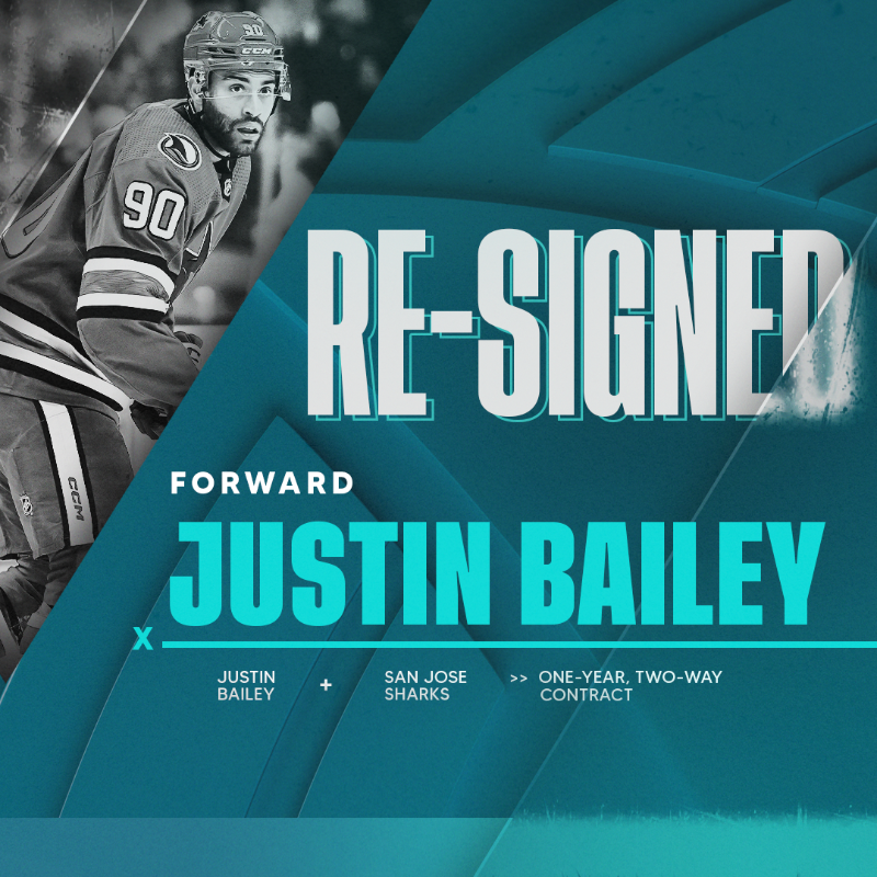 SanJoseSharks's tweet photo. ✍️ @JustinBailey95 is back for another year!

The #SJSharks have re-signed Justin Bailey to a one-year, two-way contract.
