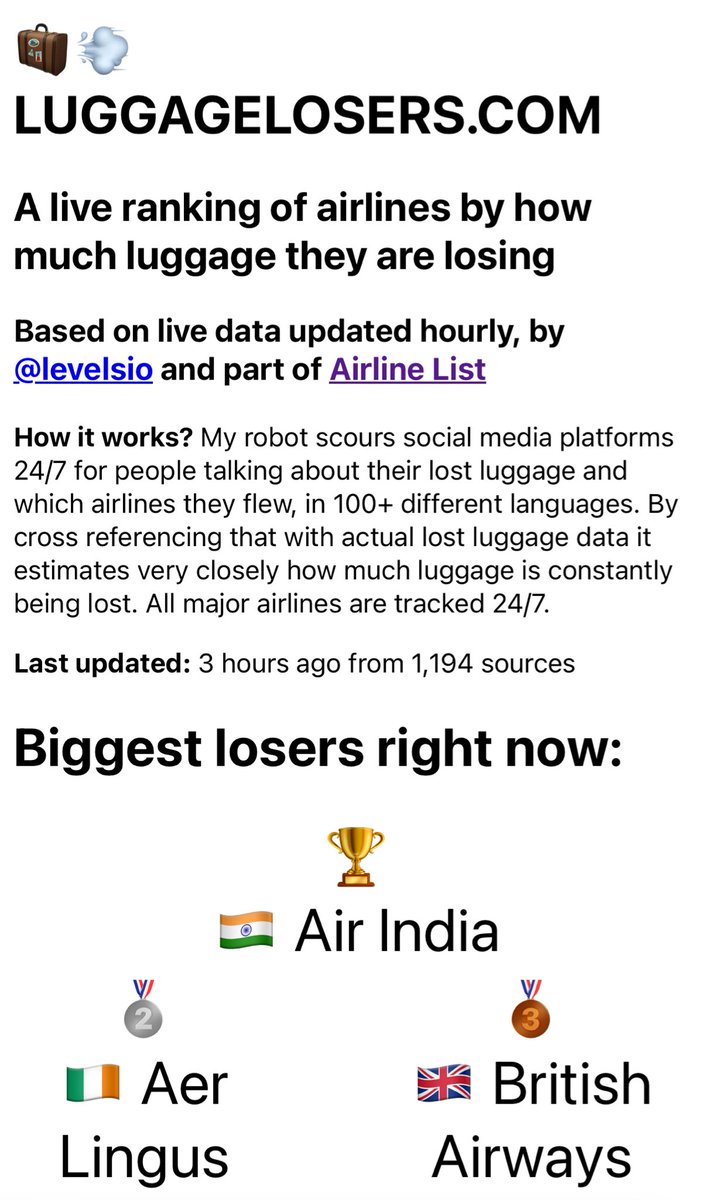 levelsio's tweet image. ✨ I made a new site called

🧳 💨 LuggageLosers.com

It&apos;s a live ranking of airlines by how much luggage they are losing right now

So you can avoid flying with them (and hopefully they can improve)

Airlines losing most luggage rn:
🇮🇳 Air India
🇮🇪 Aer Lingus
🇬🇧 British…