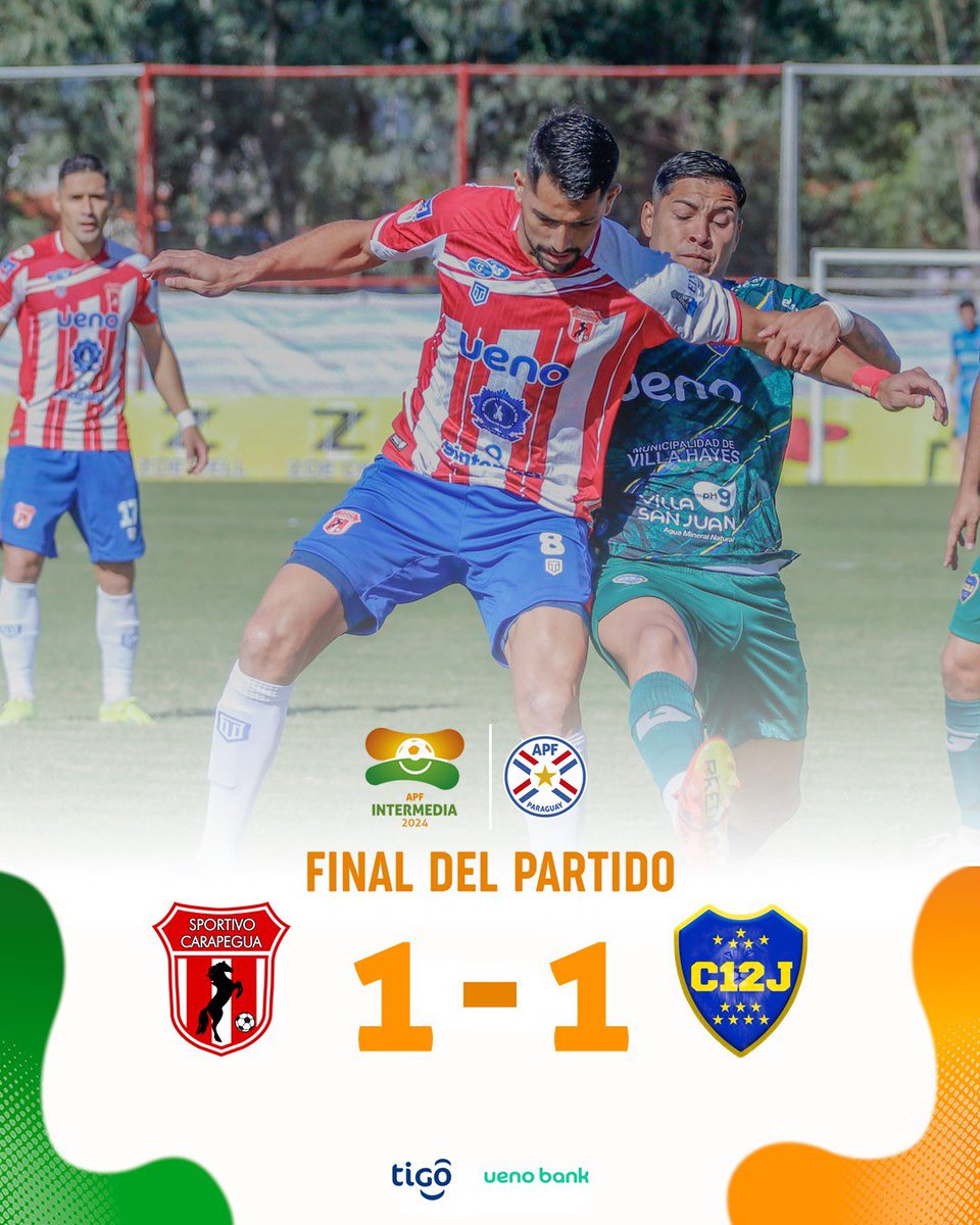🗣️ ¡Final del partido!

➡️ #Carapeguá 1
➡️ #12deJunio 1

📆 Fecha 14.

#IntermediaAPF 🟠🟢