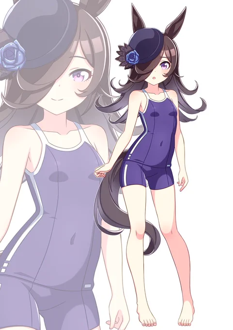 #ウマ娘#ライスシャワー 7月は水着の月ということにしたので今月は水着を描きます!今月1枚目はウマ娘に水着を着せるのならば外せない、トレセン学園公式水着を着たライスシャワーを描きました!! 