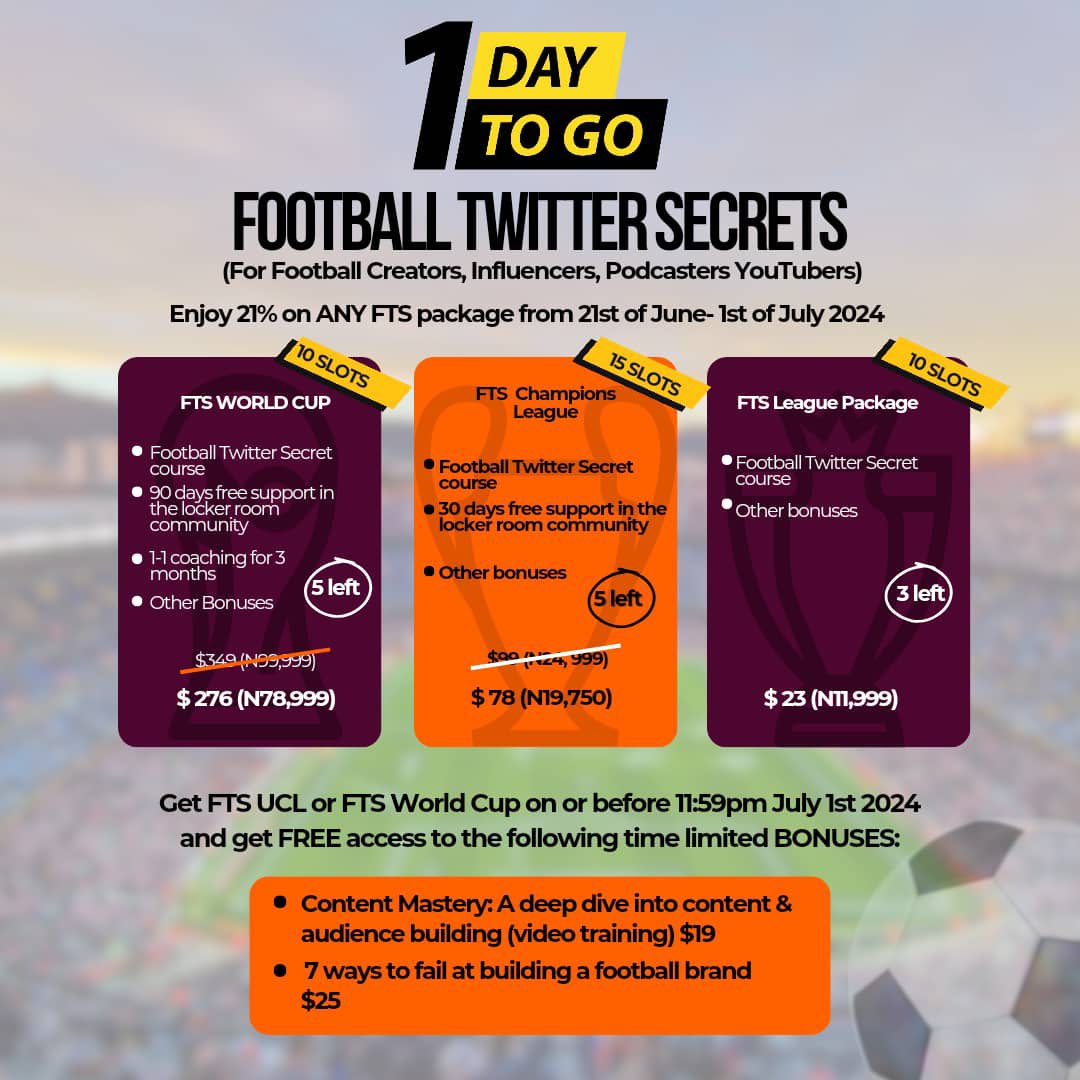 90plus5FC's tweet photo. Do you struggle to make content, low engagements or get organic followers and have zero knowledge of how to earn or Twitter?
Don’t miss out on the 21% Euro and Copa America discount on the FTS COURSE
#footballtwittersecrets 🔥🔥🔥
To start your journey DM or comment “Football secrets”
Just 1 days to go until the discount expires 👇
